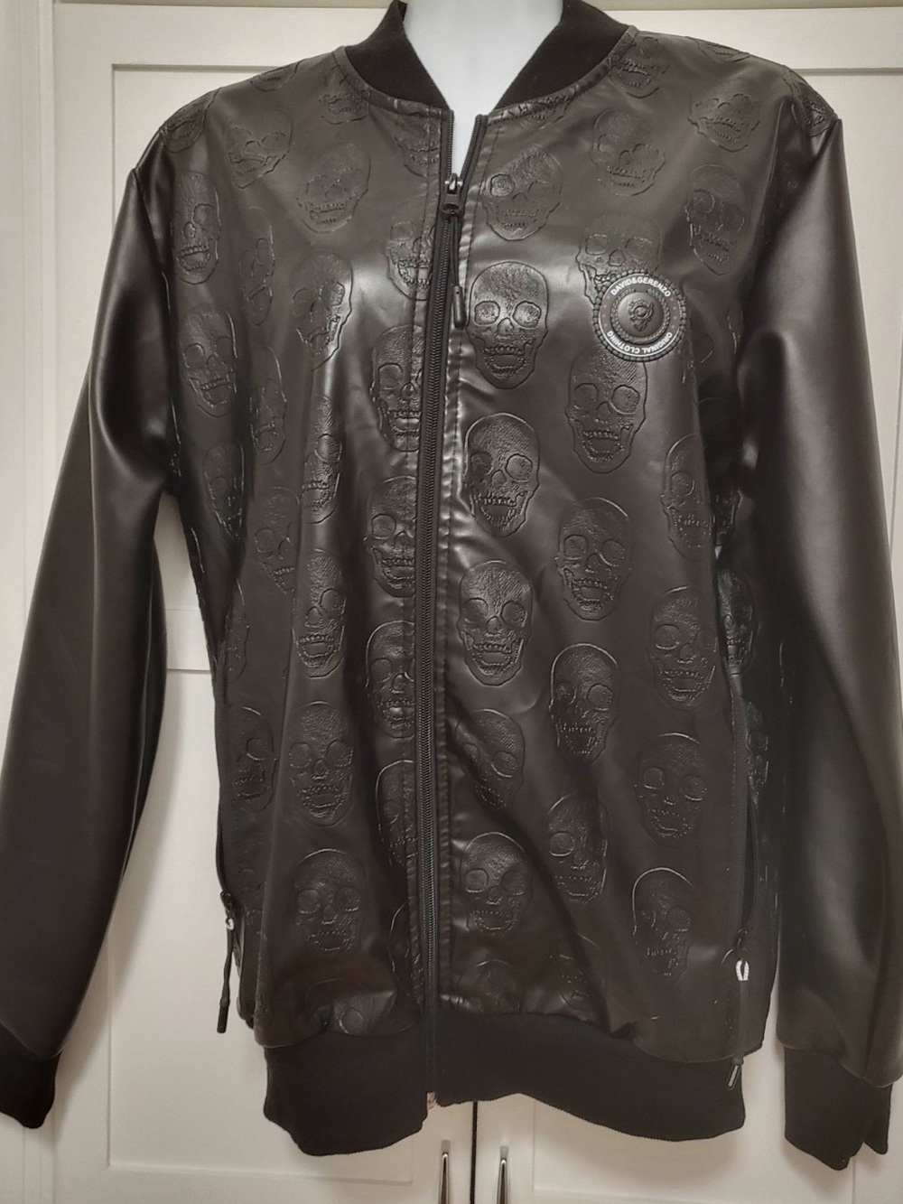 David & Gerenzo Leather-Look Skull Bomber Jacket - Black M